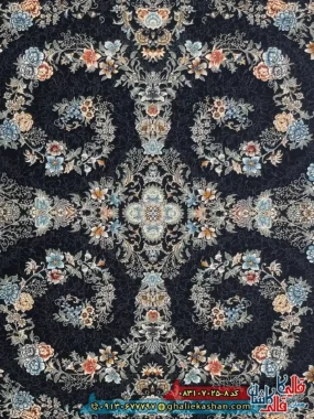 فرش 700 شانه طرح افشان ترنم رنگ سرمه ای کاشان زمینه