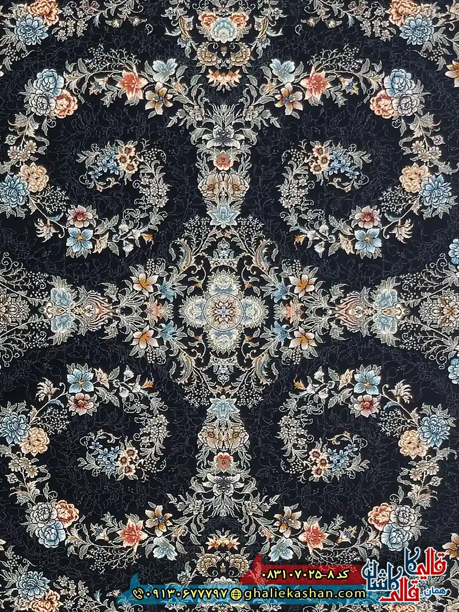 فرش 700 شانه طرح افشان ترنم رنگ سرمه ای کاشان زمینه