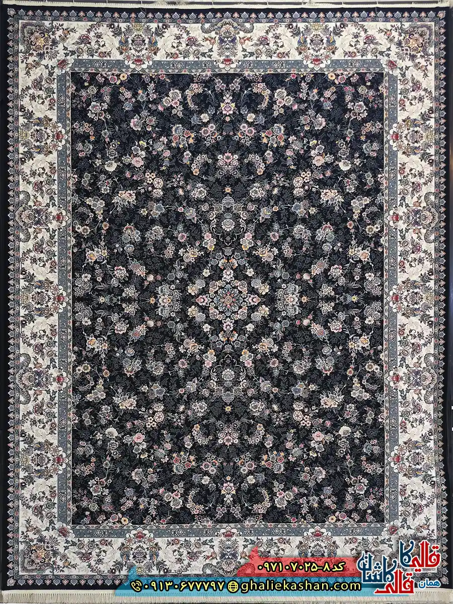 فرش 700 شانه طرح افشان سارینا رنگ سرمه ای کاشان اصلی