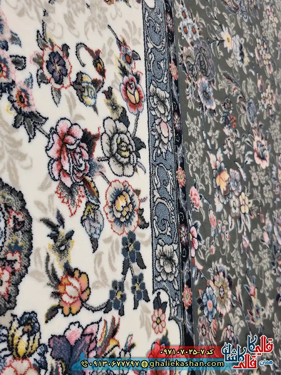 فرش 700 شانه طرح افشان سارینا رنگ طوسی دودی کاشان نزدیک