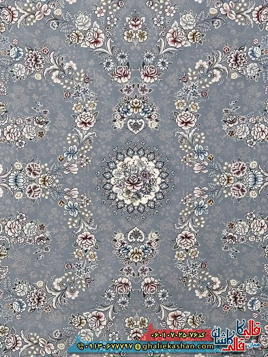 فرش 700 شانه طرح افشان شکوه رنگ طوسی نقره ای کاشان زمینه