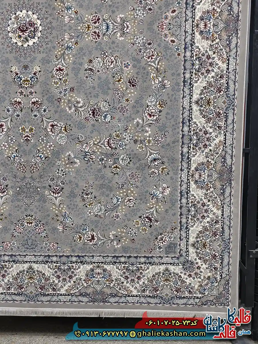 فرش 700 شانه طرح افشان شکوه رنگ فیلی ترمه ای کاشان حاشیه