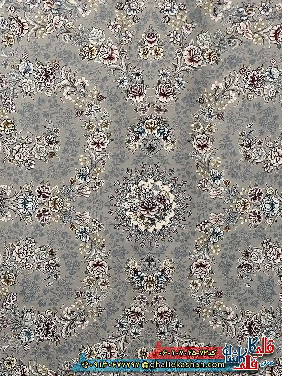 فرش 700 شانه طرح افشان شکوه رنگ فیلی ترمه ای کاشان زمینه