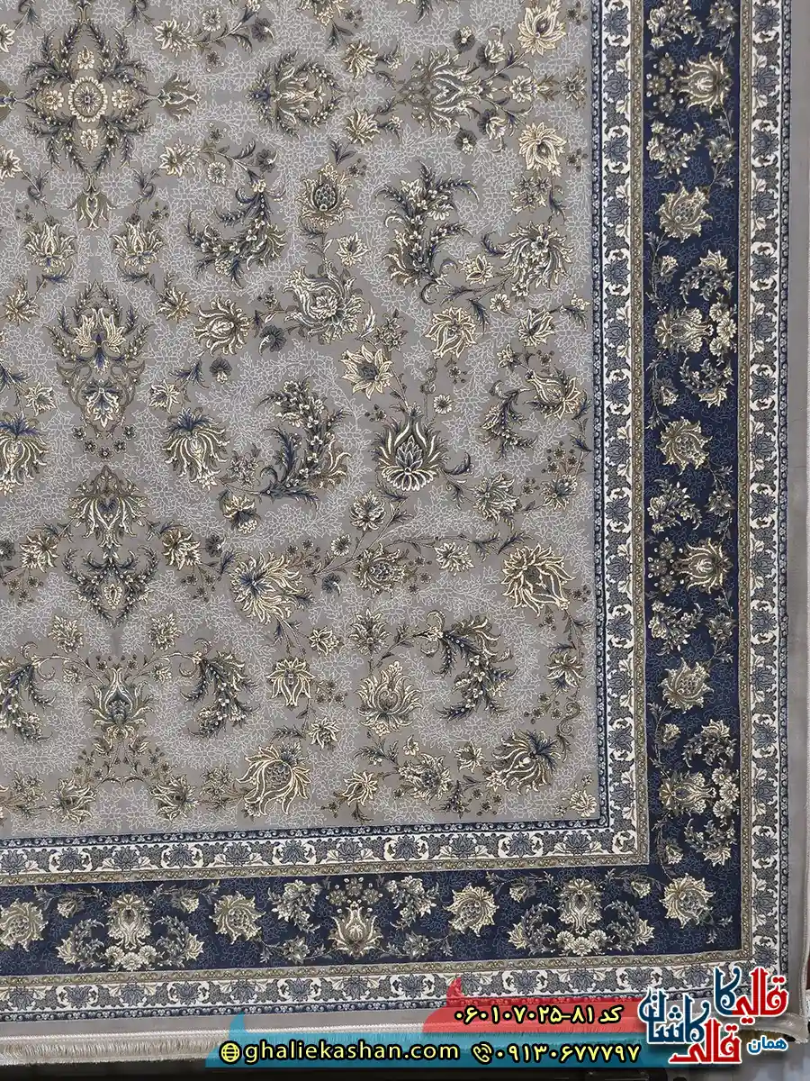 فرش 700 شانه طرح افشان فرنوش رنگ فیلی ترمه ای کاشان حاشیه