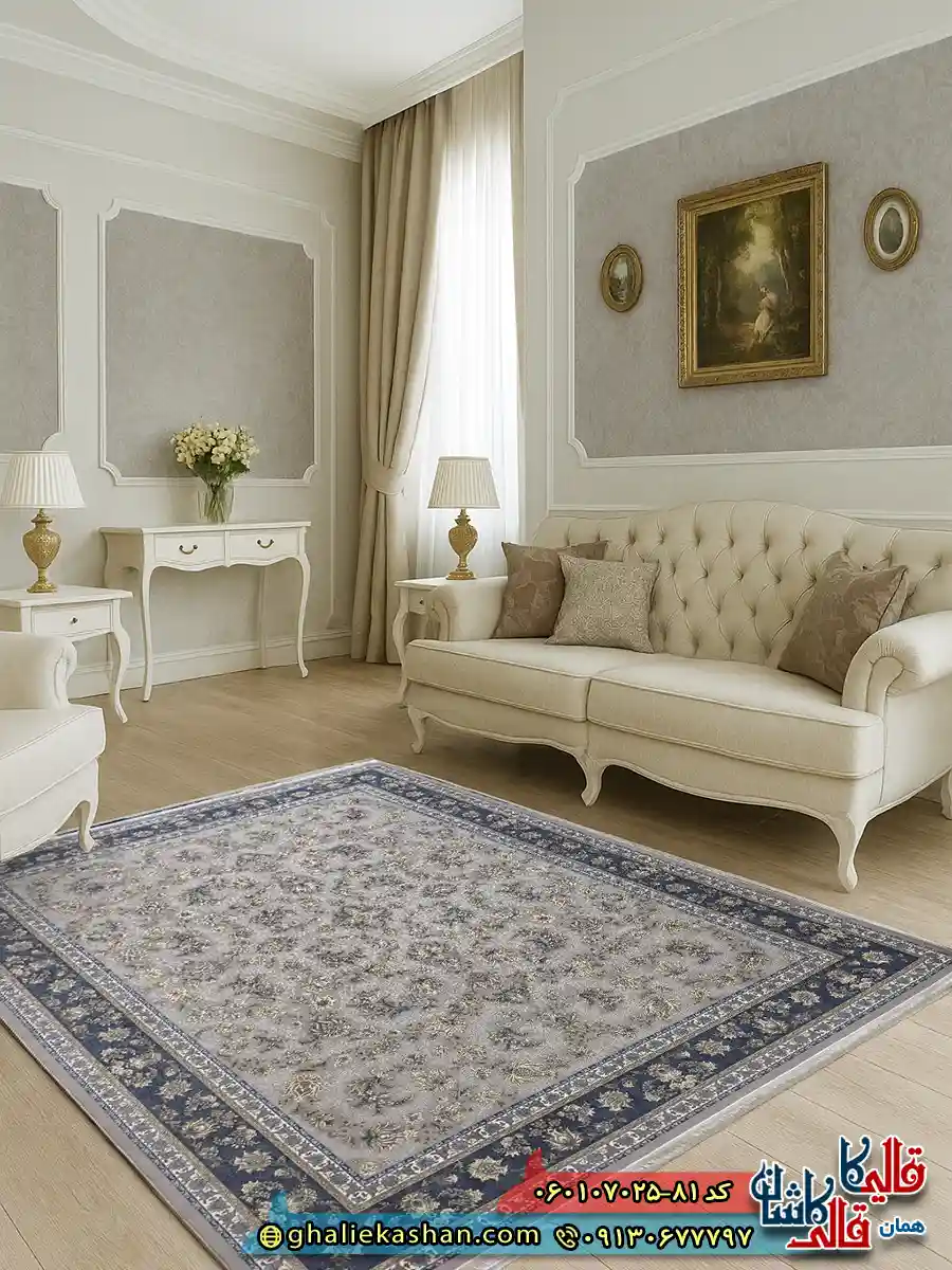 فرش 700 شانه طرح افشان فرنوش رنگ فیلی ترمه ای کاشان دکوراسیون