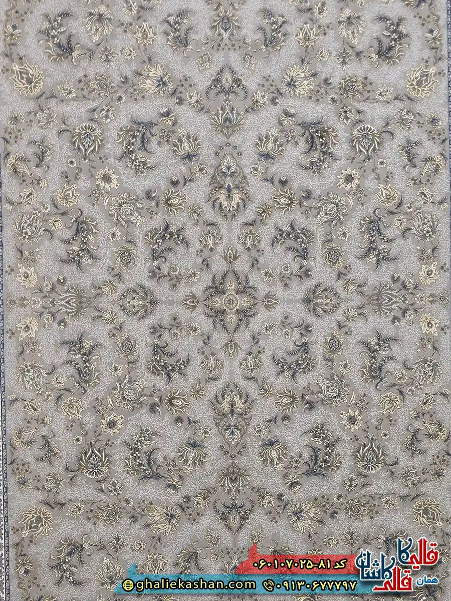 فرش 700 شانه طرح افشان فرنوش رنگ فیلی ترمه ای کاشان زمینه