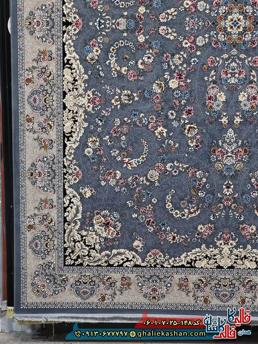 فرش 700 شانه طرح افشان محیا رنگ طوسی دودی کاشان حاشیه