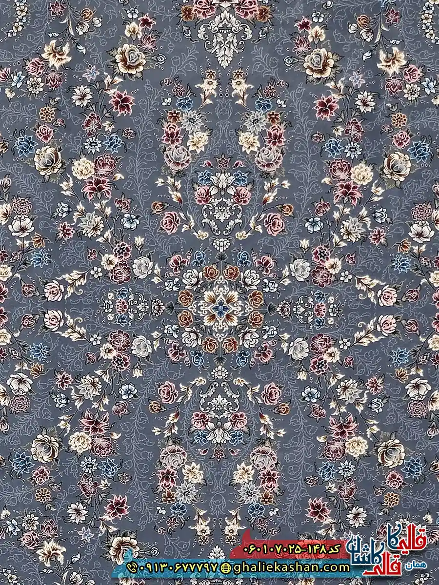 فرش 700 شانه طرح افشان محیا رنگ طوسی دودی کاشان زمینه