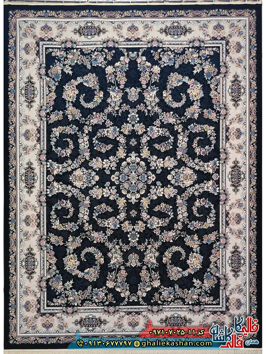 فرش 700 شانه طرح افشان نسترن رنگ سرمه ای کاشان اصلی فرش 700 شانه طرح افشان نسترن رنگ سرمه ای کاشان اصلی
