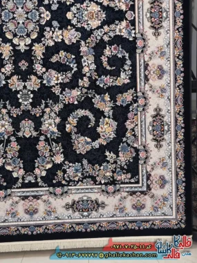فرش 700 شانه طرح افشان نسترن رنگ سرمه ای کاشان حاشیه