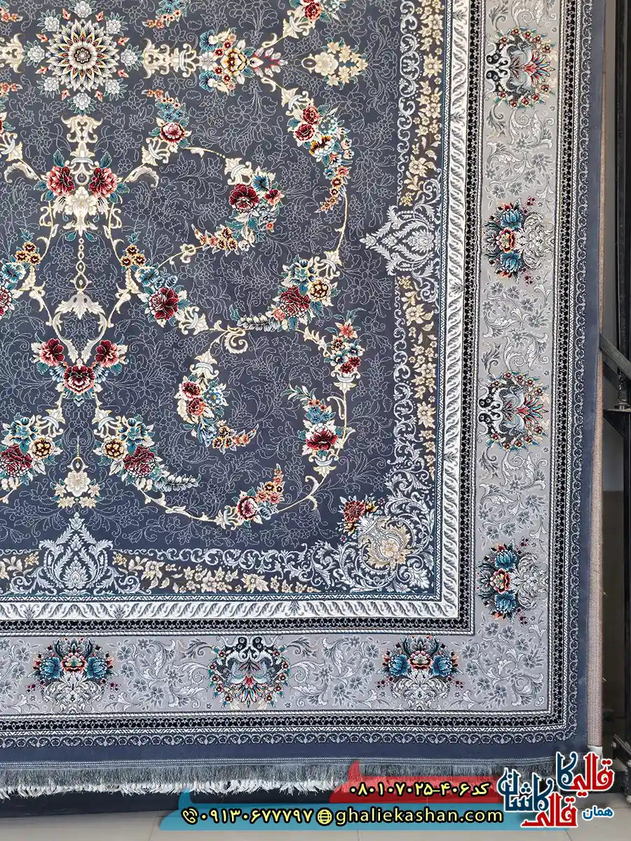 فرش 700 شانه طرح افشان نیروانا رنگ طوسی دودی کاشان حاشیه