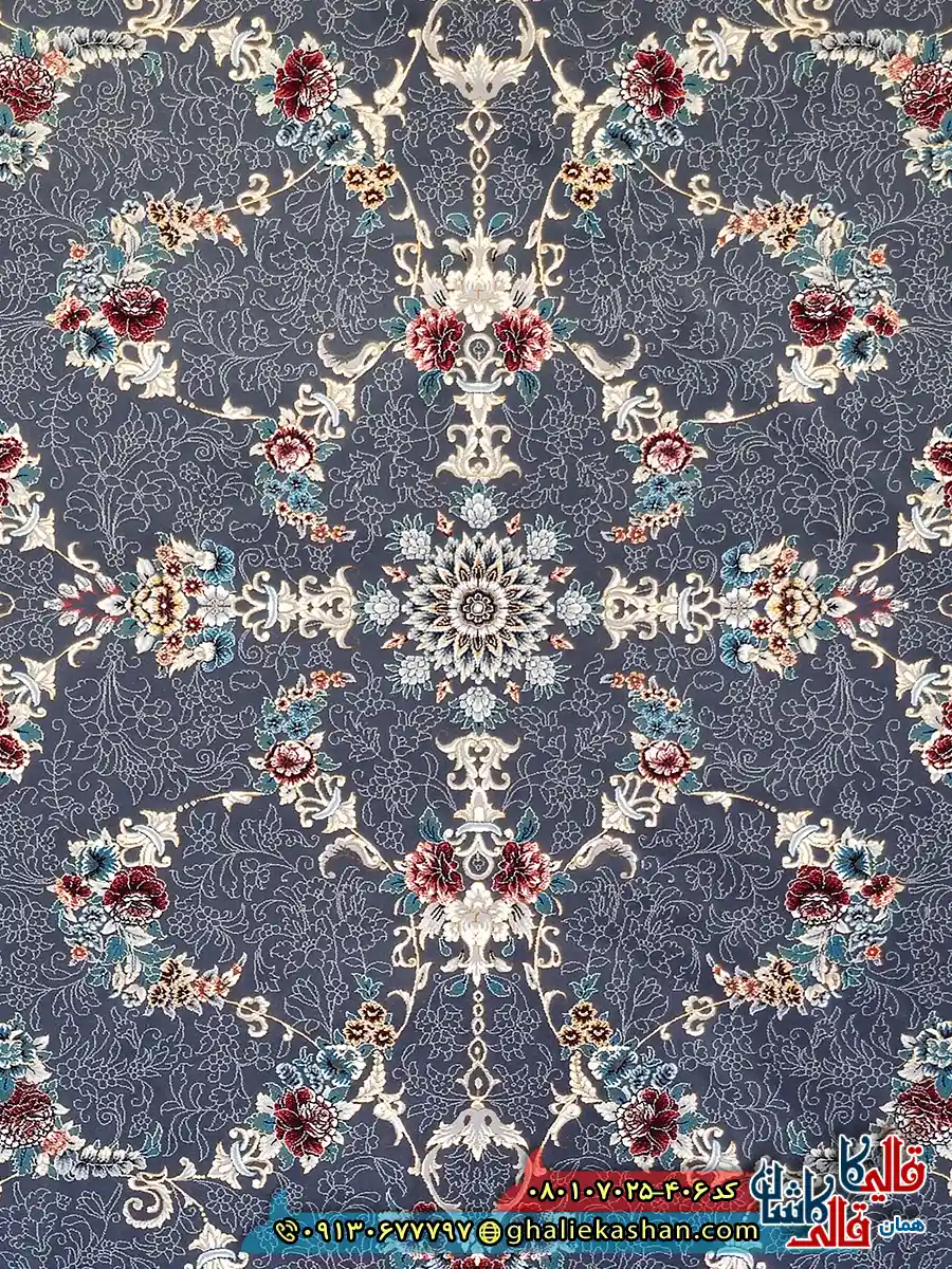 فرش 700 شانه طرح افشان نیروانا رنگ طوسی دودی کاشان زمینه