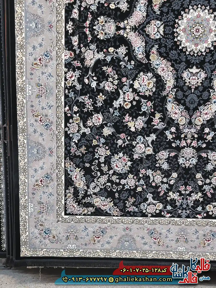 فرش 700 شانه طرح افشان پروانه رنگ سرمه ای کاشان زمینه