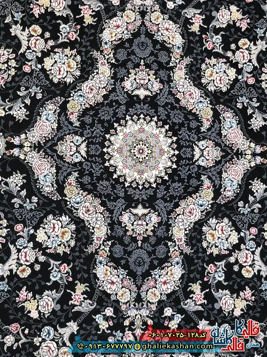 فرش 700 شانه طرح افشان پروانه رنگ سرمه ای کاشان زمینه