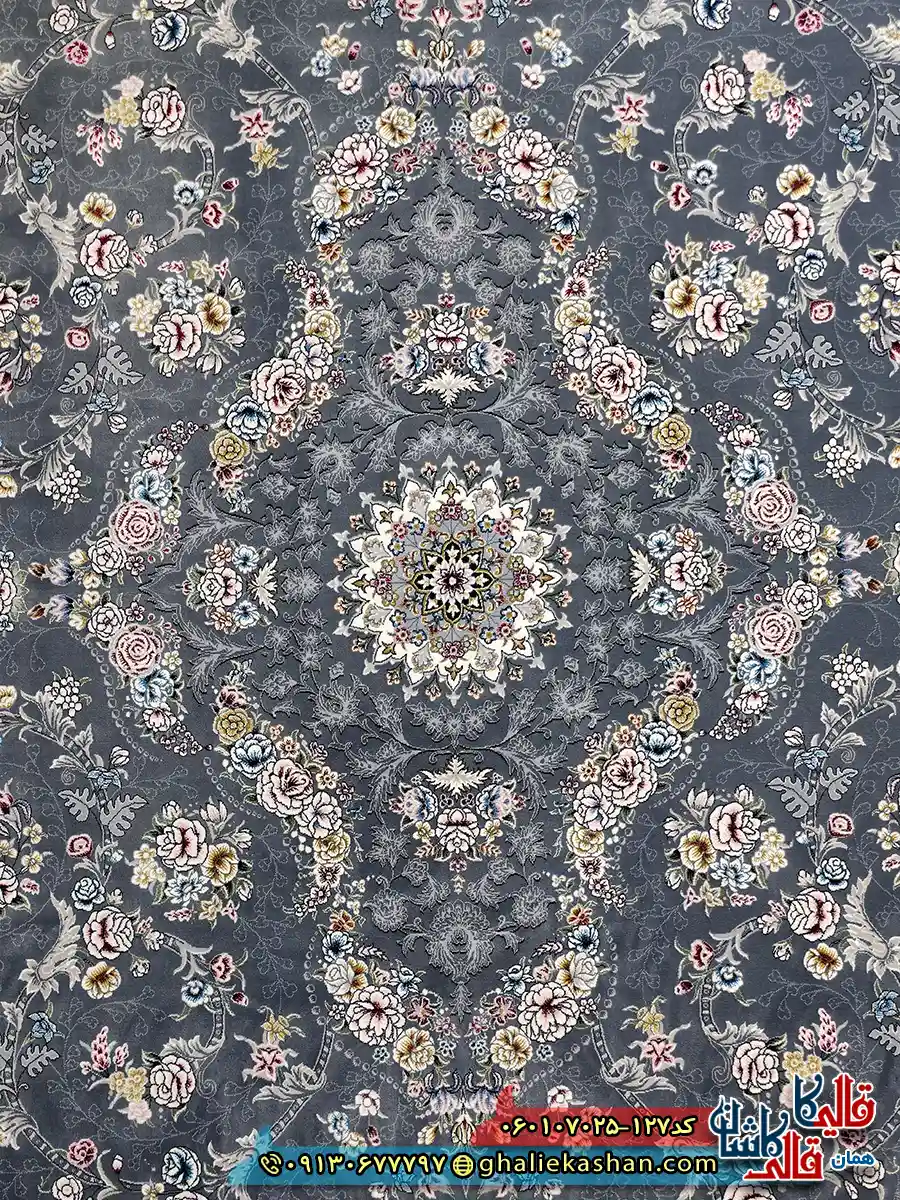 فرش 700 شانه طرح افشان پروانه رنگ طوسی دودی کاشان زمینه