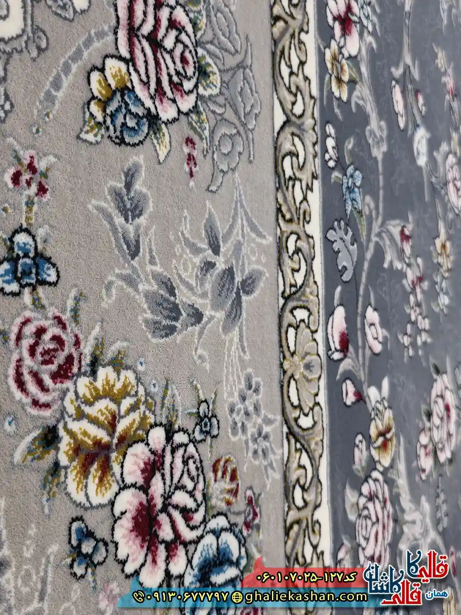 فرش 700 شانه طرح افشان پروانه رنگ طوسی دودی کاشان نزدیک