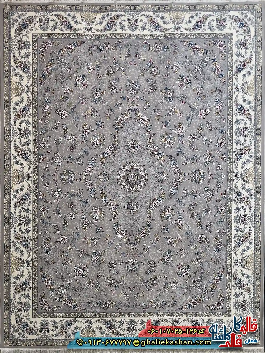 فرش 700 شانه طرح افشان پروانه رنگ فیلی ترمه ای کاشان اصلی