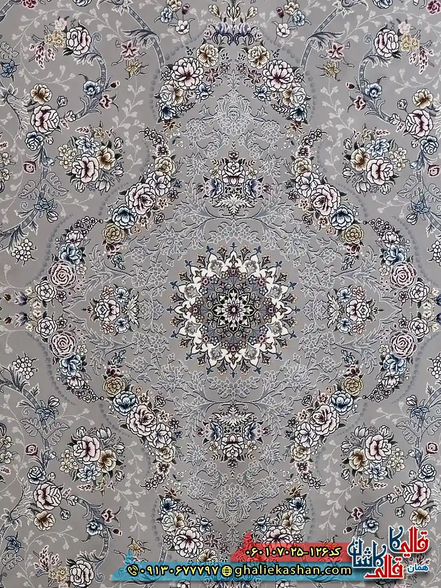 فرش 700 شانه طرح افشان پروانه رنگ فیلی ترمه ای کاشان زمینه