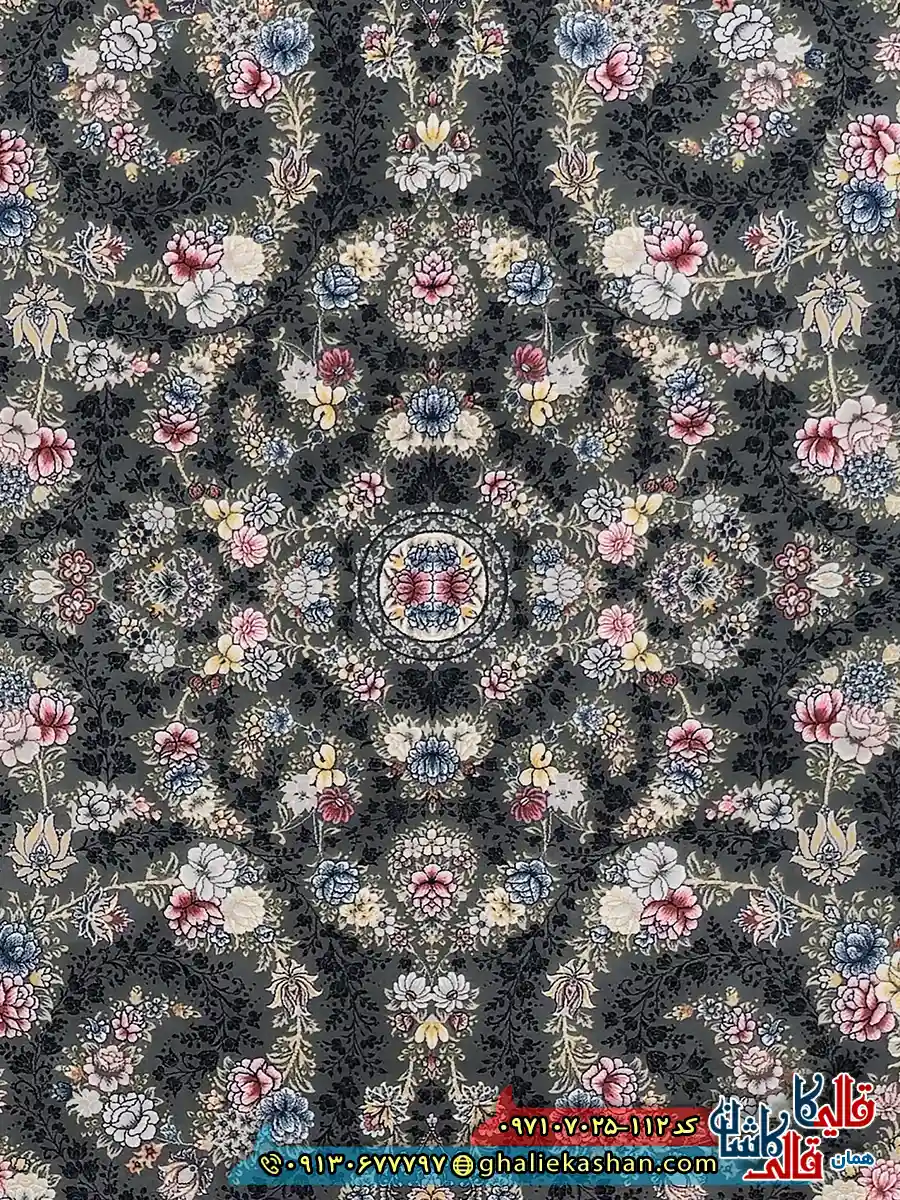 فرش 700 شانه طرح افشان گندم رنگ طوسی دودی کاشان زمینه