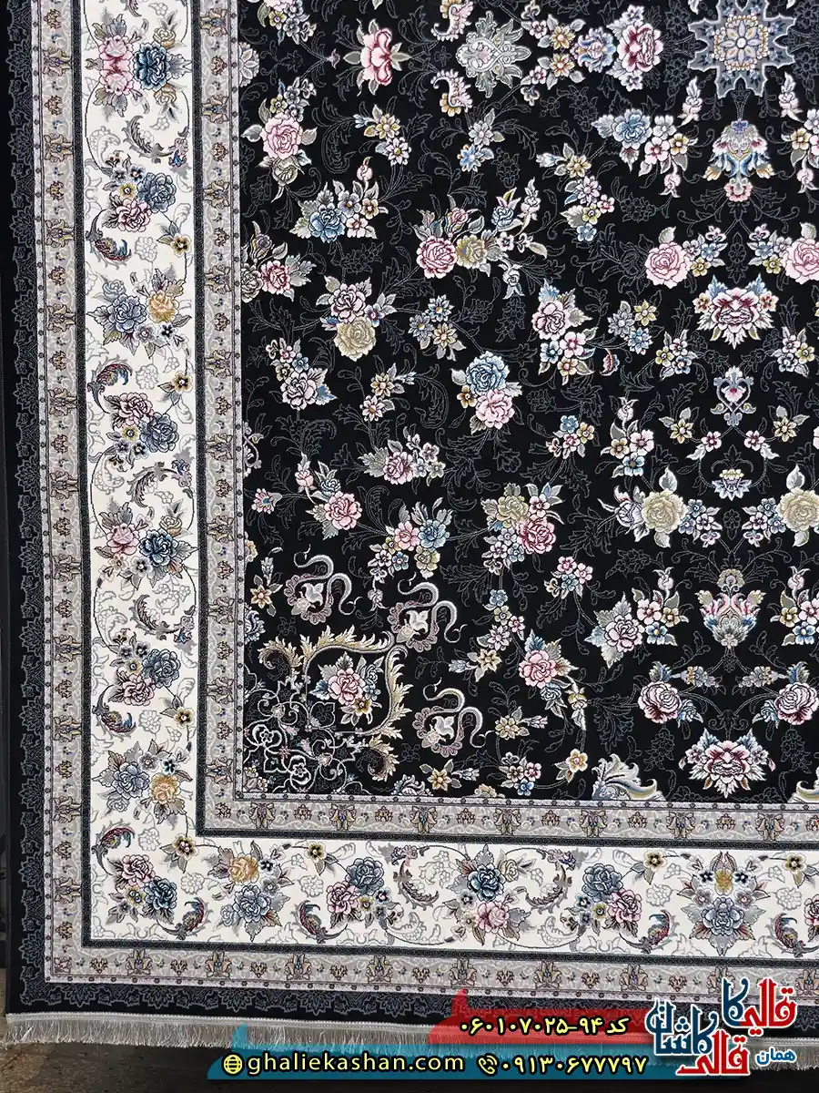 فرش 700 شانه طرح افشان گیلدا رنگ سرمه ای کاشان حاشیه
