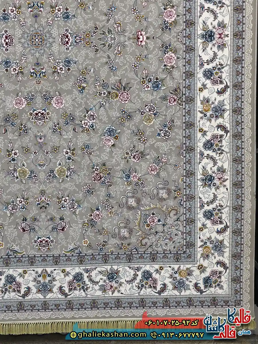 فرش 700 شانه طرح افشان گیلدا رنگ فیلی ترمه ای کاشان حاشیه