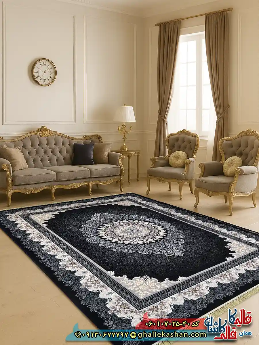 فرش 700 شانه طرح دلاریس رنگ سرمه ای کاشان دکوراسیون