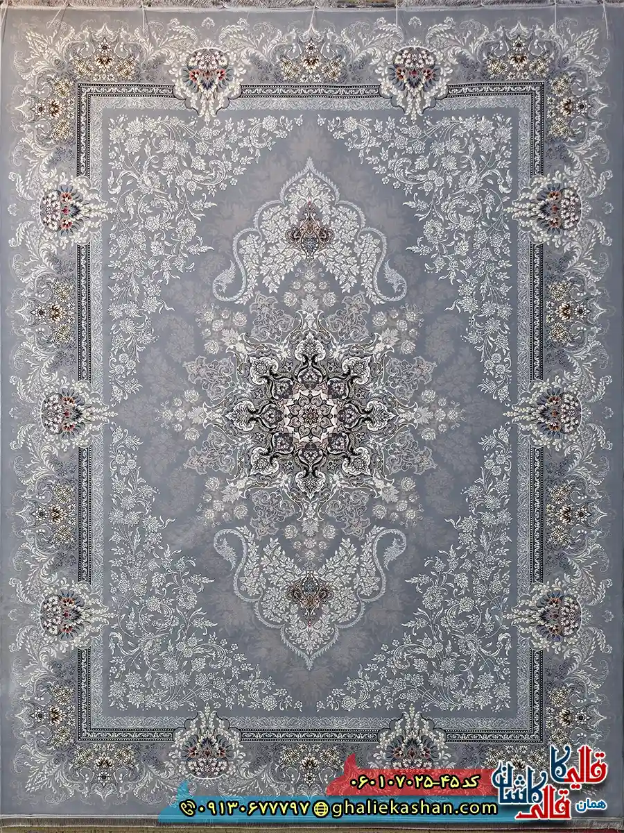فرش 700 شانه طرح دنیز رنگ طوسی نقره ای کاشان اصلی
