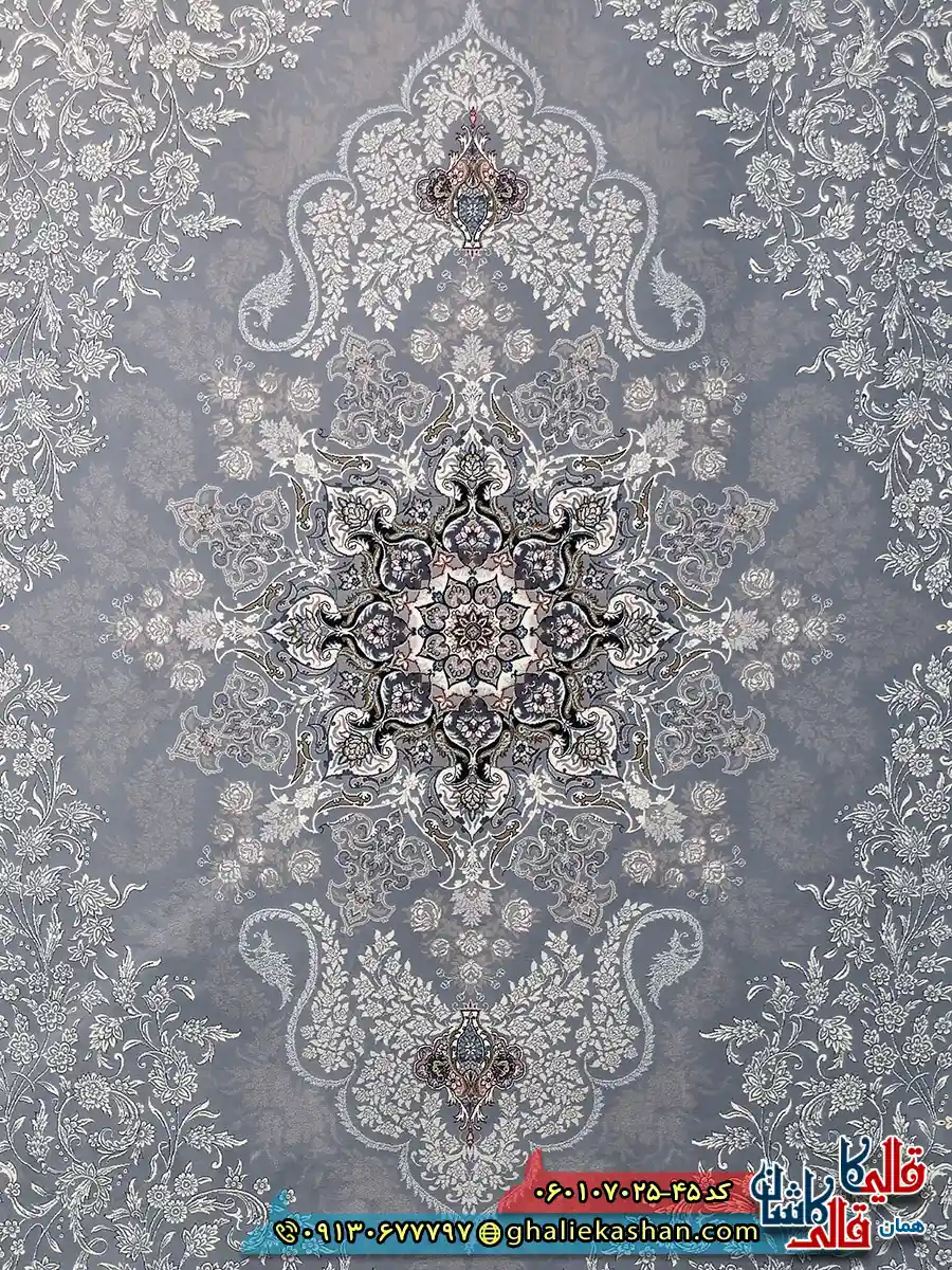 فرش 700 شانه طرح دنیز رنگ طوسی نقره ای کاشان زمینه