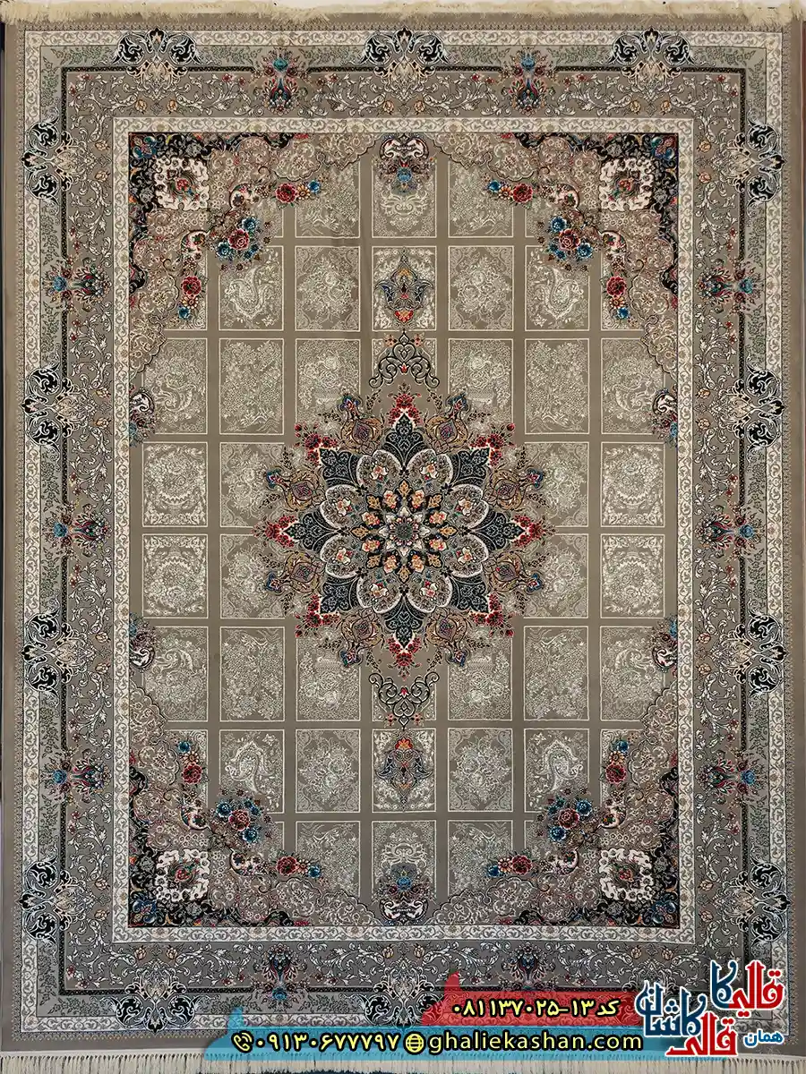 فرش 700 شانه خشتی طرح رومیسا رنگ طوسی فیلی کاشان اصلی