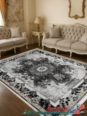 فرش ارزان وینتیج طرح 700 شانه طرح شیرین رنگ طوسی نقره ای کاشان