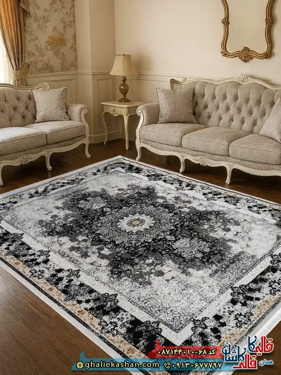 فرش ارزان وینتیج طرح 700 شانه طرح شیرین رنگ طوسی نقره ای کاشان دکوراسیون
