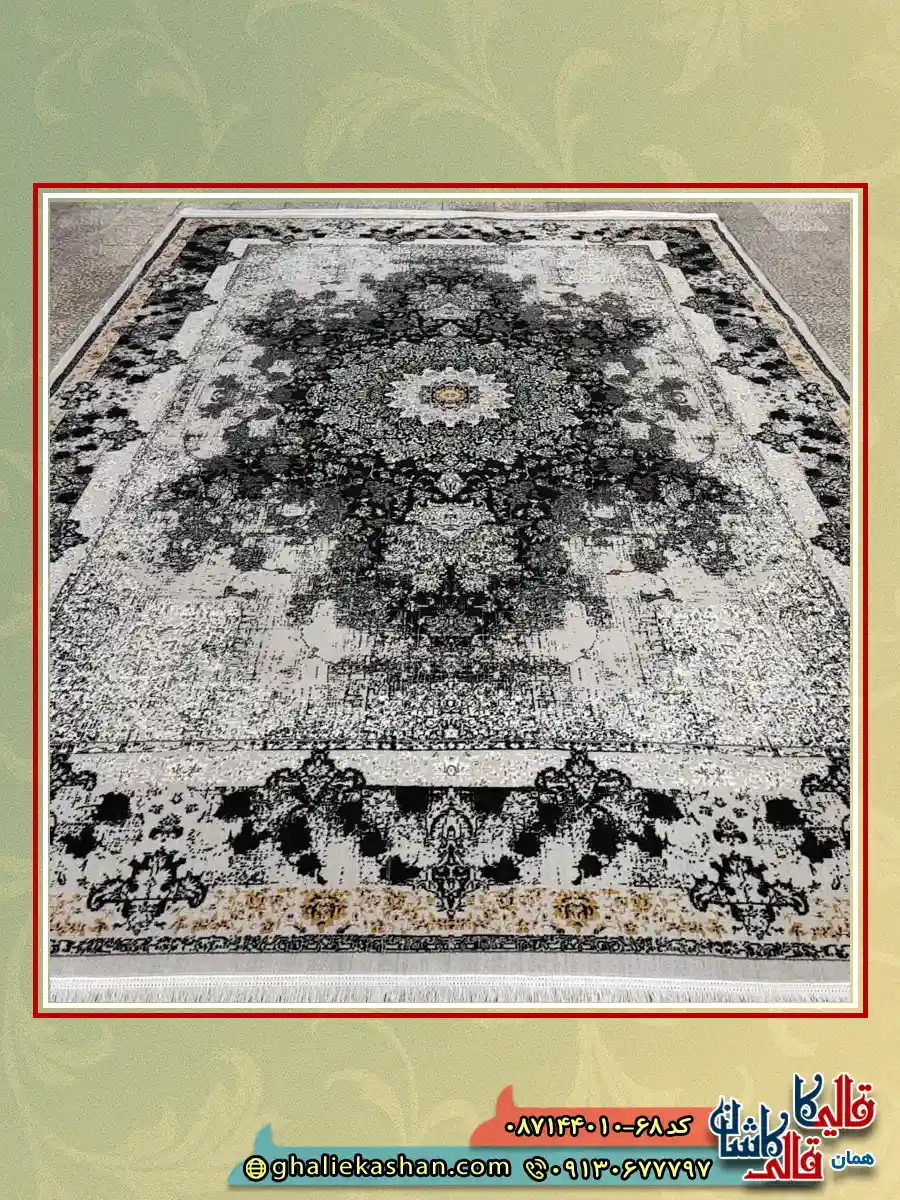 فرش ارزان وینتیج طرح 700 شانه طرح شیرین رنگ طوسی نقره ای کاشان زمینه 2