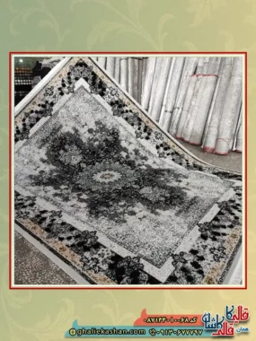 فرش ارزان وینتیج طرح 700 شانه طرح شیرین رنگ طوسی نقره ای کاشان زمینه