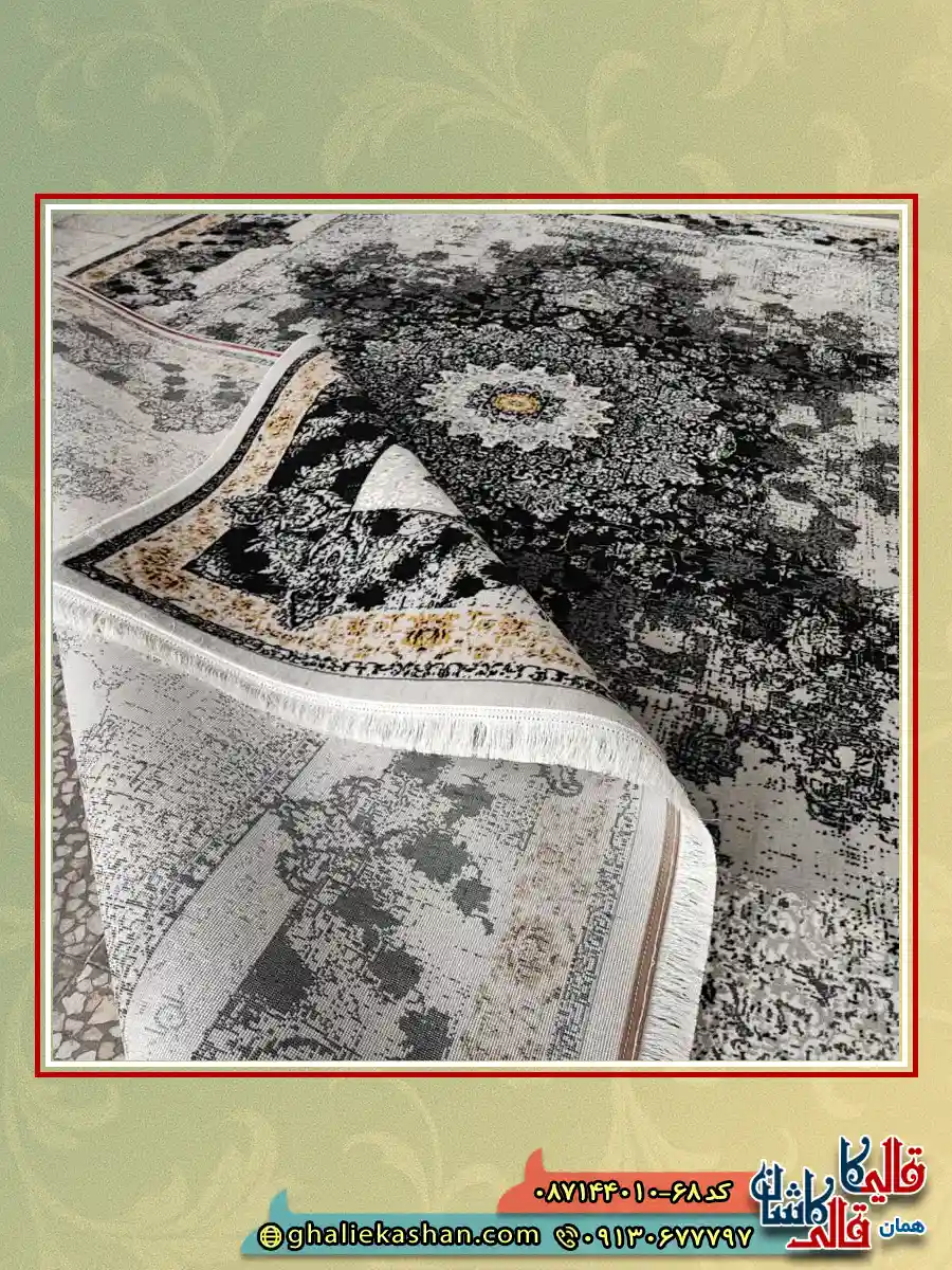 فرش ارزان وینتیج طرح 700 شانه طرح شیرین رنگ طوسی نقره ای کاشان نزدیک