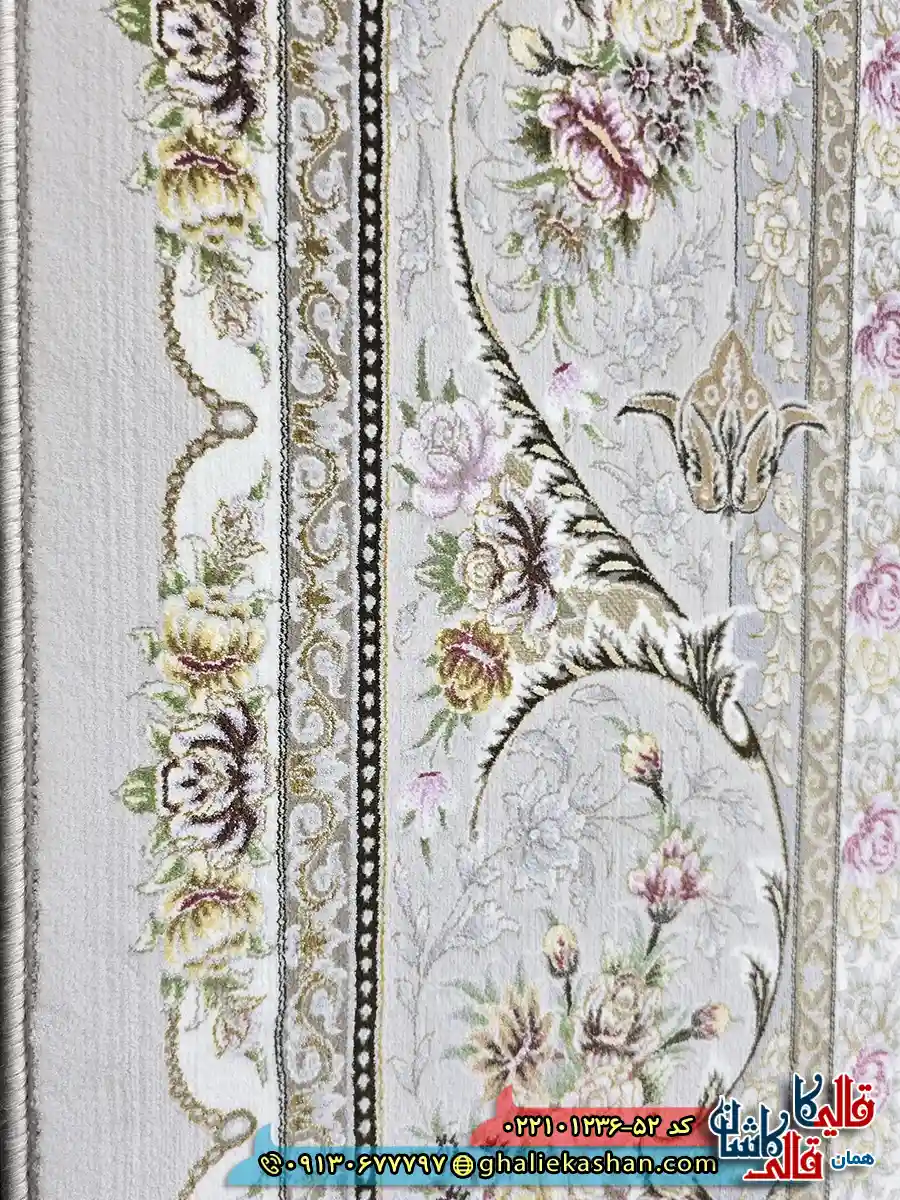 فرش ترکیه ای 1200 شانه طرح افشان پاوان رنگ طوسی سیلور کاشان نزدیک