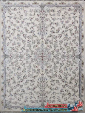 فرش روشن 1200 شانه طرح افشان گلبهار رنگ کرم گل برجسته کاشان