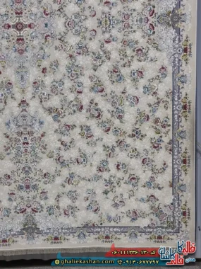 فرش روشن 1200 شانه طرح افشان گلبهار رنگ کرم گل برجسته کاشان حاشیه