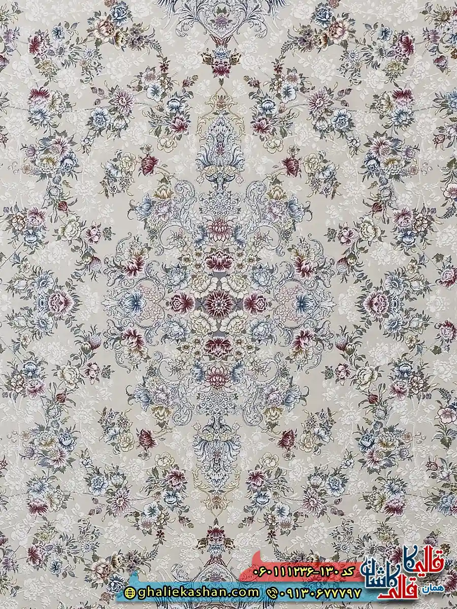 فرش روشن 1200 شانه طرح افشان گلبهار رنگ کرم گل برجسته کاشان زمینه