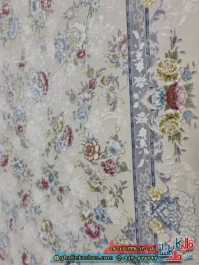 فرش روشن 1200 شانه طرح افشان گلبهار رنگ کرم گل برجسته کاشان نزدیک