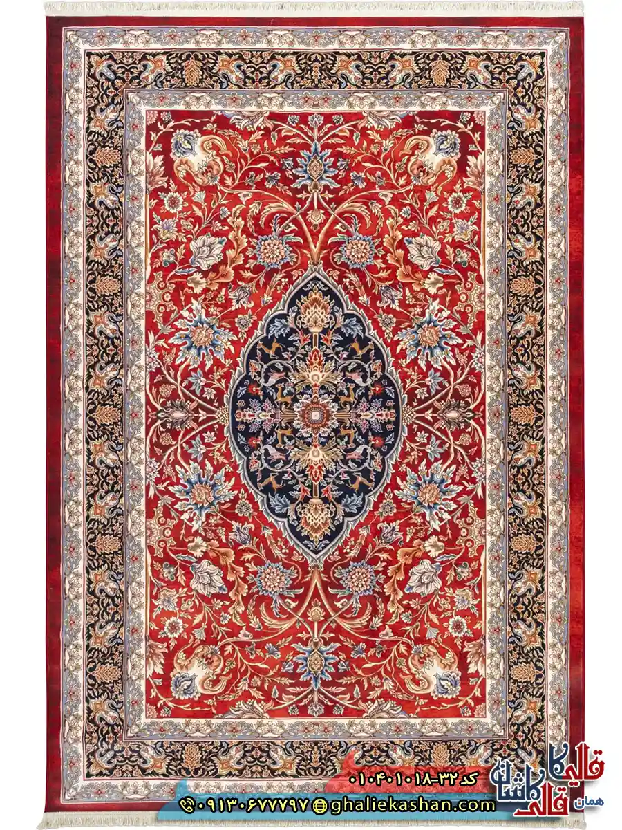 فرش سنتی 1000 شانه طرح آهو ترنج کرمان زمینه قرمز کاشان اصلی