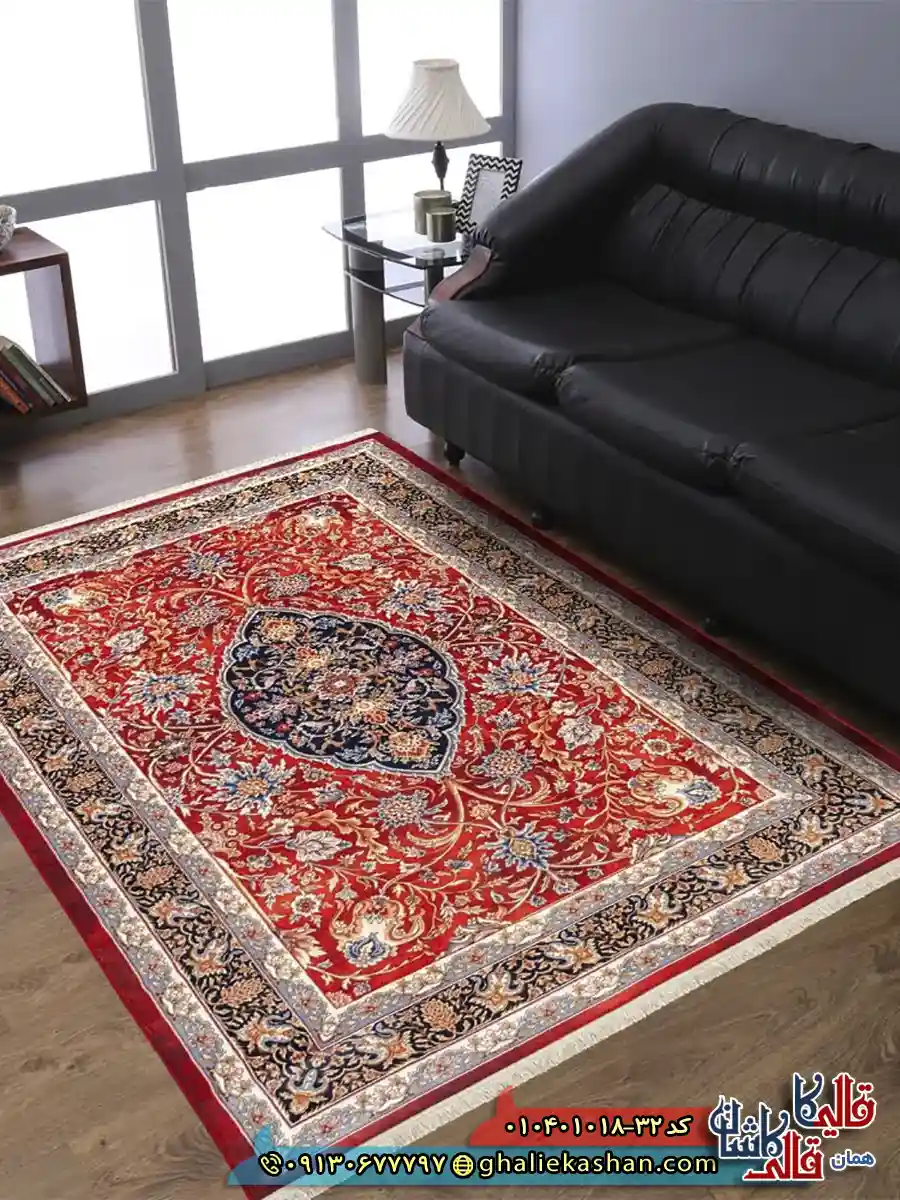 فرش سنتی 1000 شانه طرح آهو ترنج کرمان زمینه قرمز کاشان دکوراسیون