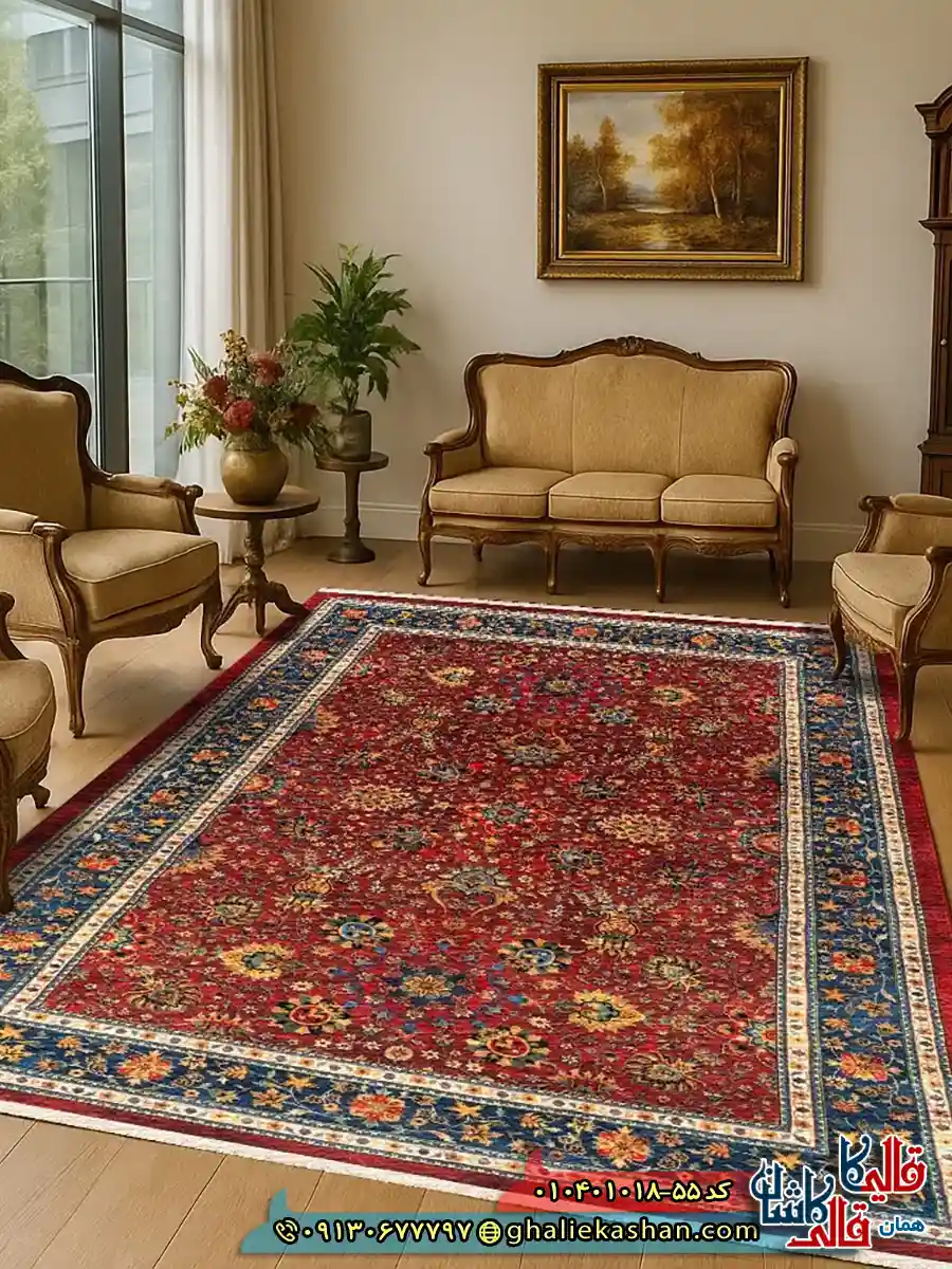 فرش سنتی 1000 شانه طرح افشان اسماعیلی زمینه لاکی کاشان دکوراسیون