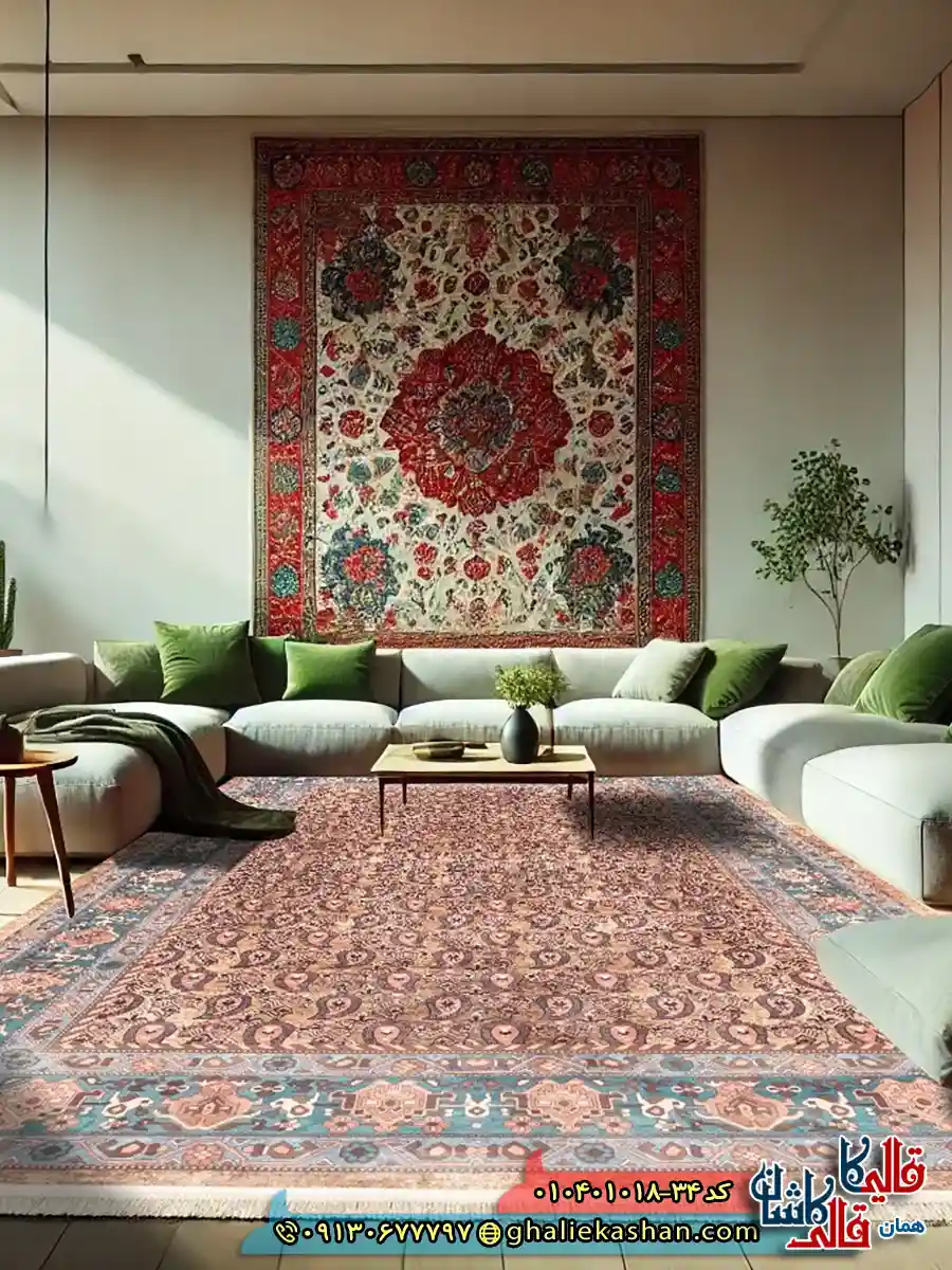 فرش سنتی 1000 شانه طرح افشان بته جقه قشقایی زمینه قهوه ای نسکافه ای کاشان دکوراسیون