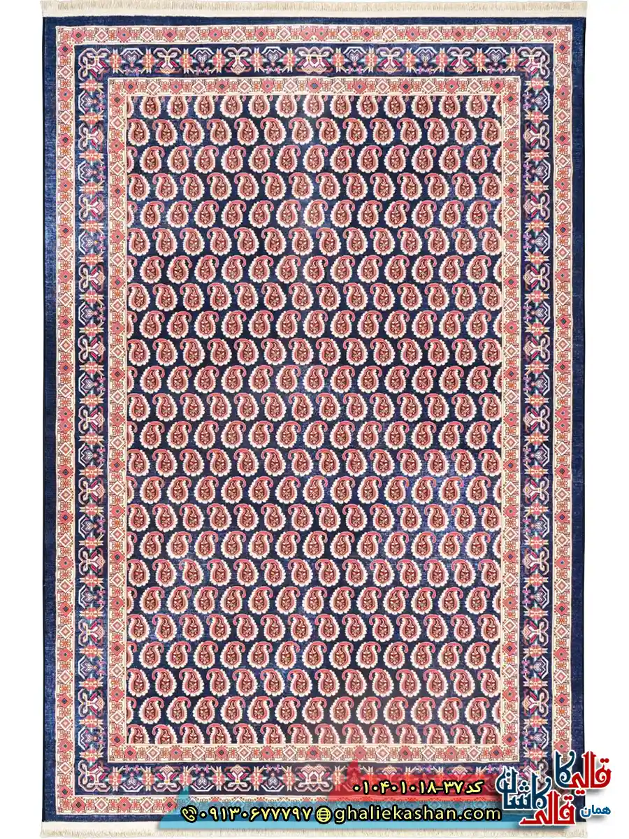 فرش سنتی 1000 شانه طرح افشان بته میر سراسر زمینه سرمه ای کاشان اصلی