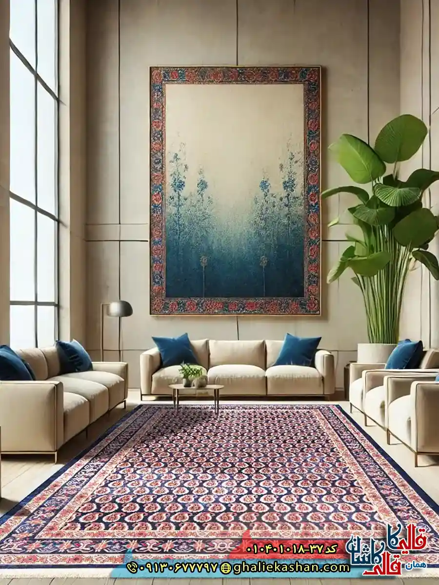 فرش سنتی 1000 شانه طرح افشان بته میر سراسر زمینه سرمه ای کاشان دکوراسیون