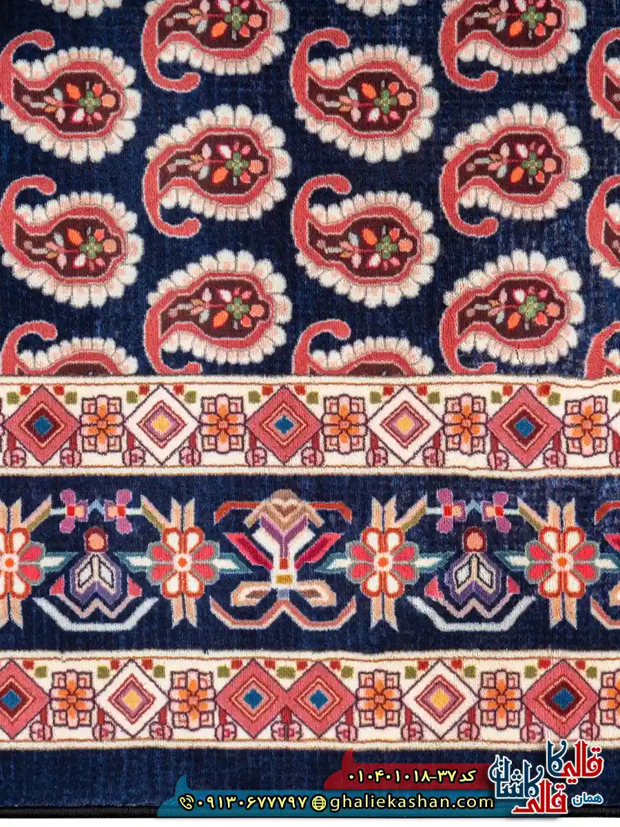 فرش سنتی 1000 شانه طرح افشان بته میر سراسر زمینه سرمه ای کاشان نزدیک2