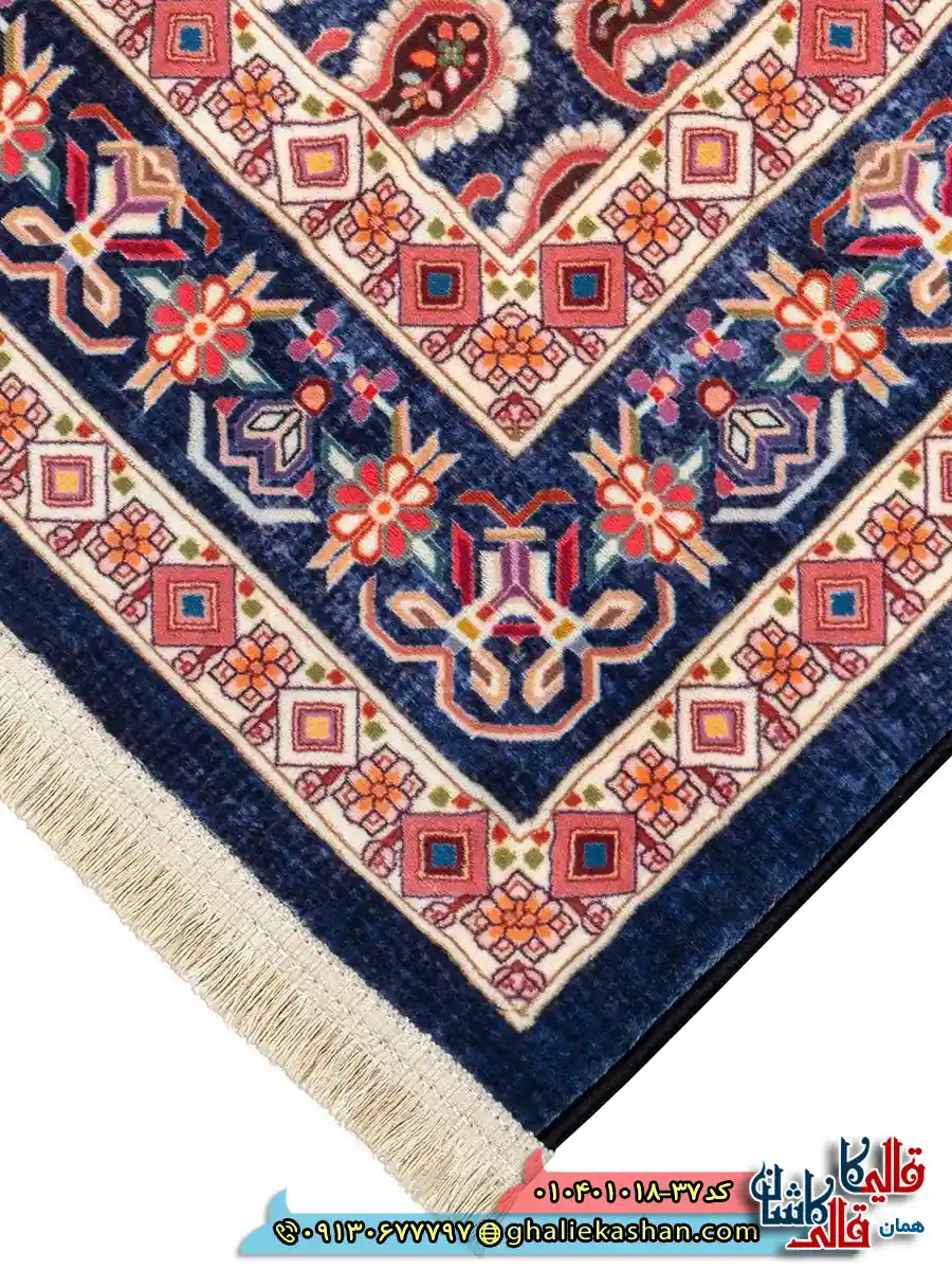 فرش سنتی 1000 شانه طرح افشان بته میر سراسر زمینه سرمه ای کاشان نزدیک3