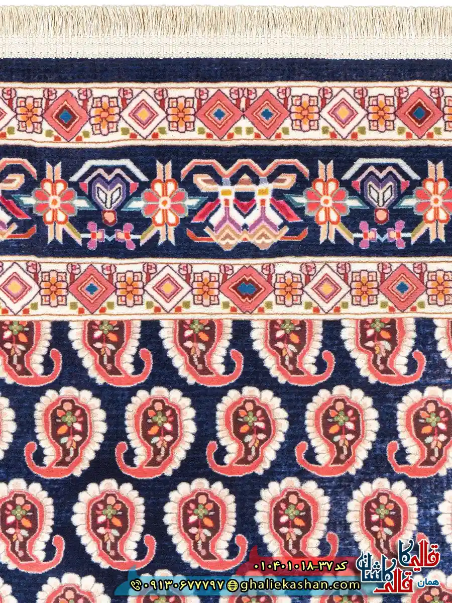 فرش سنتی 1000 شانه طرح افشان بته میر سراسر زمینه سرمه ای کاشان نزدیک4
