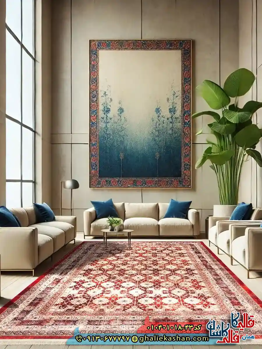 فرش سنتی 1000 شانه طرح افشان بهار ترکمن زمینه عنابی کاشان دکوراسیون