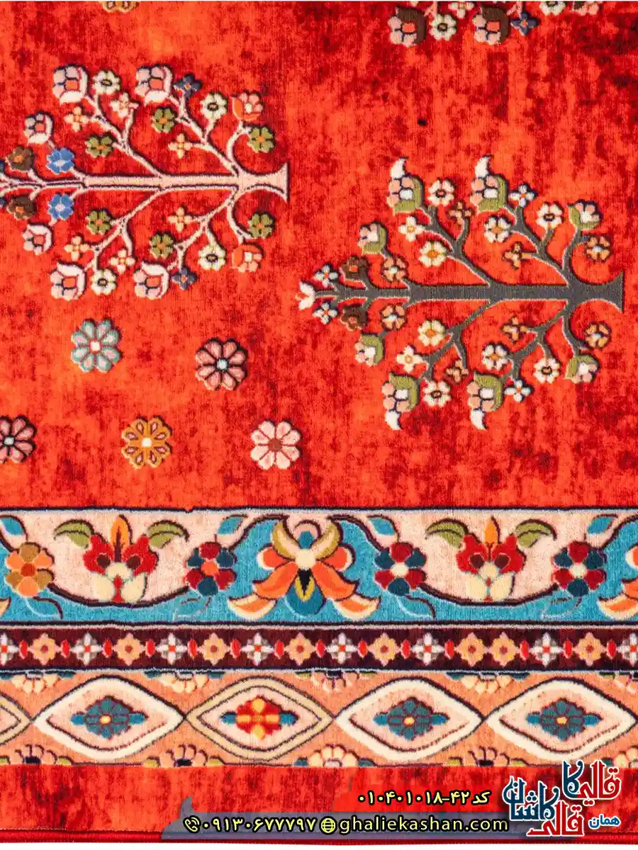 فرش سنتی 1000 شانه طرح افشان درختی افشار زمینه قرمز کاشان نزدیک3